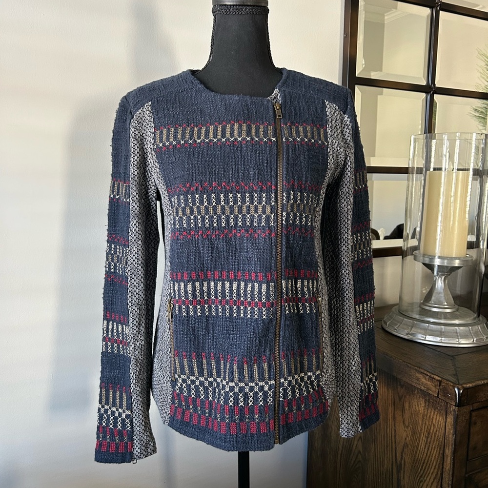 Lucky Brand women's cotton full zip knit jacket with geometric embroidery
